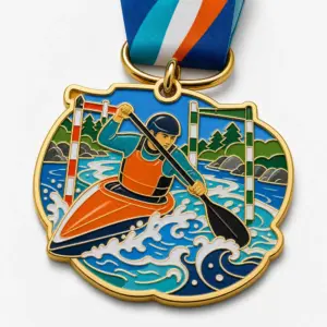 Rapid Gate Course Kayak Race Medal soft enamel medal with raised metal dividers, racing kayaker, slalom gates, rushing river waves, ribbon, and white background.