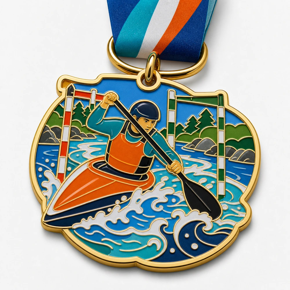 Rapid Gate Course Kayak Race Medal soft enamel medal with raised metal dividers, racing kayaker, slalom gates, rushing river waves, ribbon, and white background.