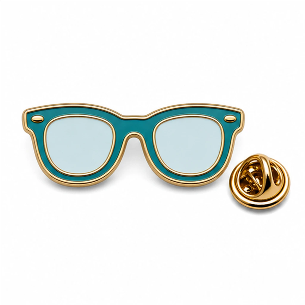 Épingle personnalisée en émail souple classique pour lunettes de lecture, avec contours métalliques en relief et embrayage papillon sur fond blanc.
