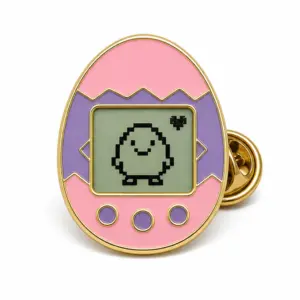 Custom retro virtual pet egg soft enamel pin with raised metal outlines and butterfly clutch on a white background.