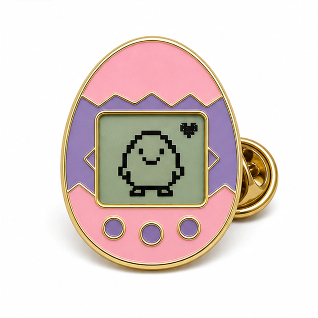 Custom retro virtual pet egg soft enamel pin with raised metal outlines and butterfly clutch on a white background.