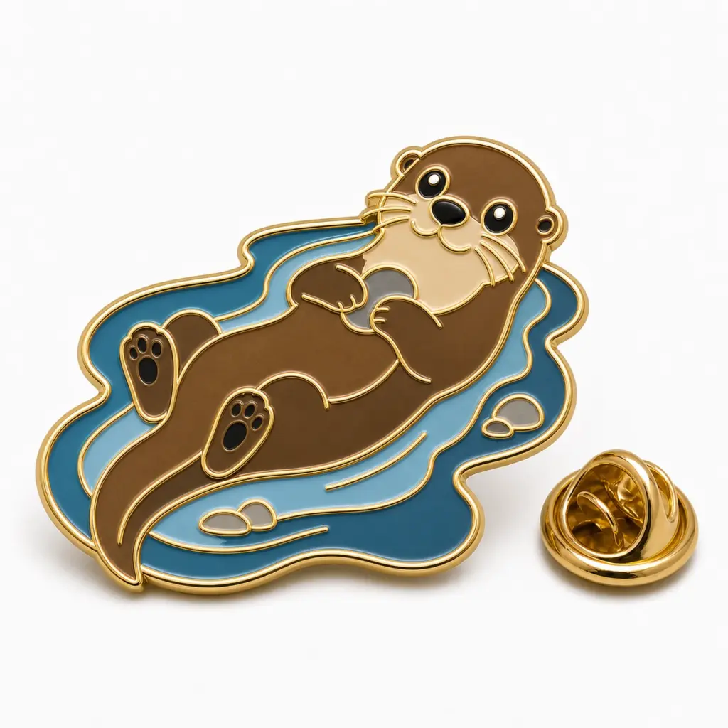 Insignia de esmalte blando con una nutria nadando en aguas azules, contorno dorado y cierre de mariposa.