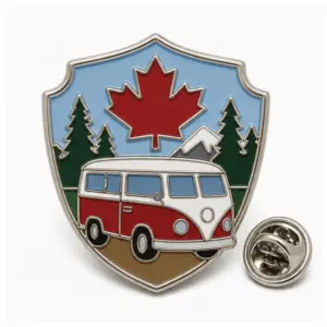 Custom road trip camper van soft enamel pin with raised metal outlines and butterfly clutch on a white background.