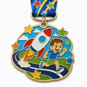 Rocket Dash Kids 1K Medal soft enamel medal with raised metal dividers, running child, rocket launch scene, stars, top ring, neck ribbon, and white studio background.