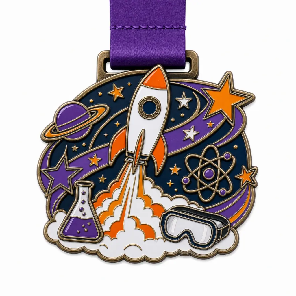 Medalla de la Olimpiada Científica «Estela de cohete»: medalla de esmalte blando con contornos metálicos en bronce antiguo, cinta morada, silueta de la estela de un cohete, anillo planetario, gafas de laboratorio y fondo blanco.