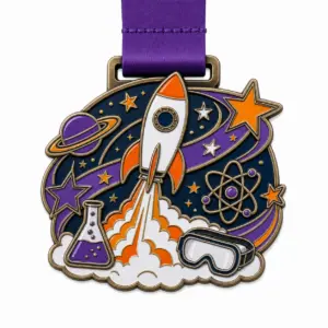 Rocket trail Science Olympiad Medal soft enamel medal with antique bronze metal outlines, purple ribbon, rocket plume contour, planet ring, lab goggles, and white background.