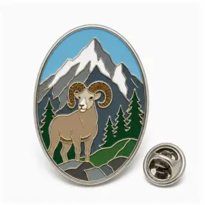Custom rocky mountain bighorn oval soft enamel pin with raised metal outlines and butterfly clutch on a white background.