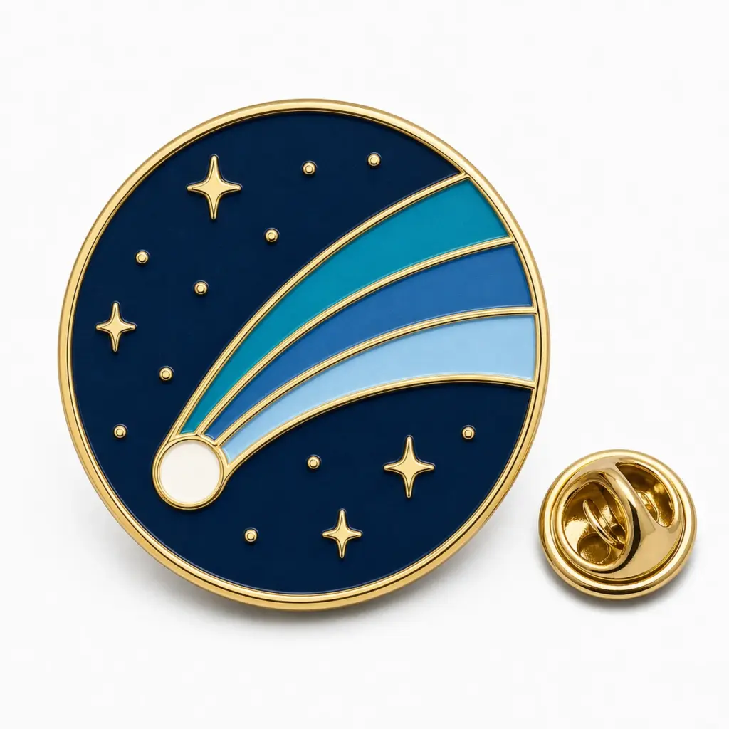 Insigne rond en émail de la piste de la comète avec ciel bleu marine, bandes de queue bleues segmentées, séparateurs dorés, étoiles et pochette de papillon.