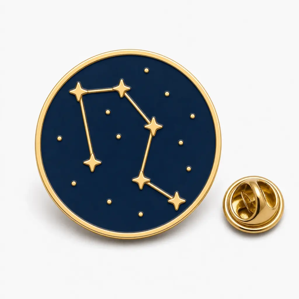 Badge rond en émail représentant une carte des constellations avec un ciel bleu marine, des étoiles dorées, des lignes de constellations en relief et une pochette de papillon.