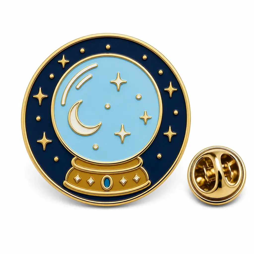 Insigne boule de cristal ronde en émail avec orbe bleu pâle, lune et étoiles, support doré, ciel bleu marine et pochette de papillon.