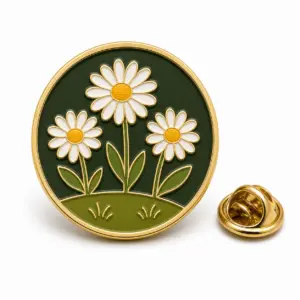 Round daisy field soft enamel pin with three daisies, gold metal dividers, and butterfly clutch on white background.