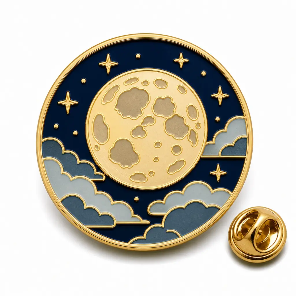 Badge en émail souple pleine lune avec alvéoles de cratère, base de nuages marine, étoiles, intercalaires dorés et pochette papillon.