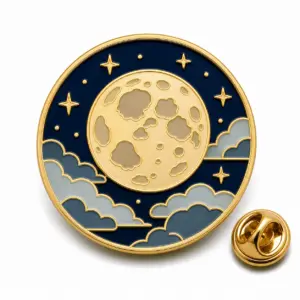 Full moon soft enamel badge with crater cells, navy cloud base, stars, gold dividers, and butterfly clutch.