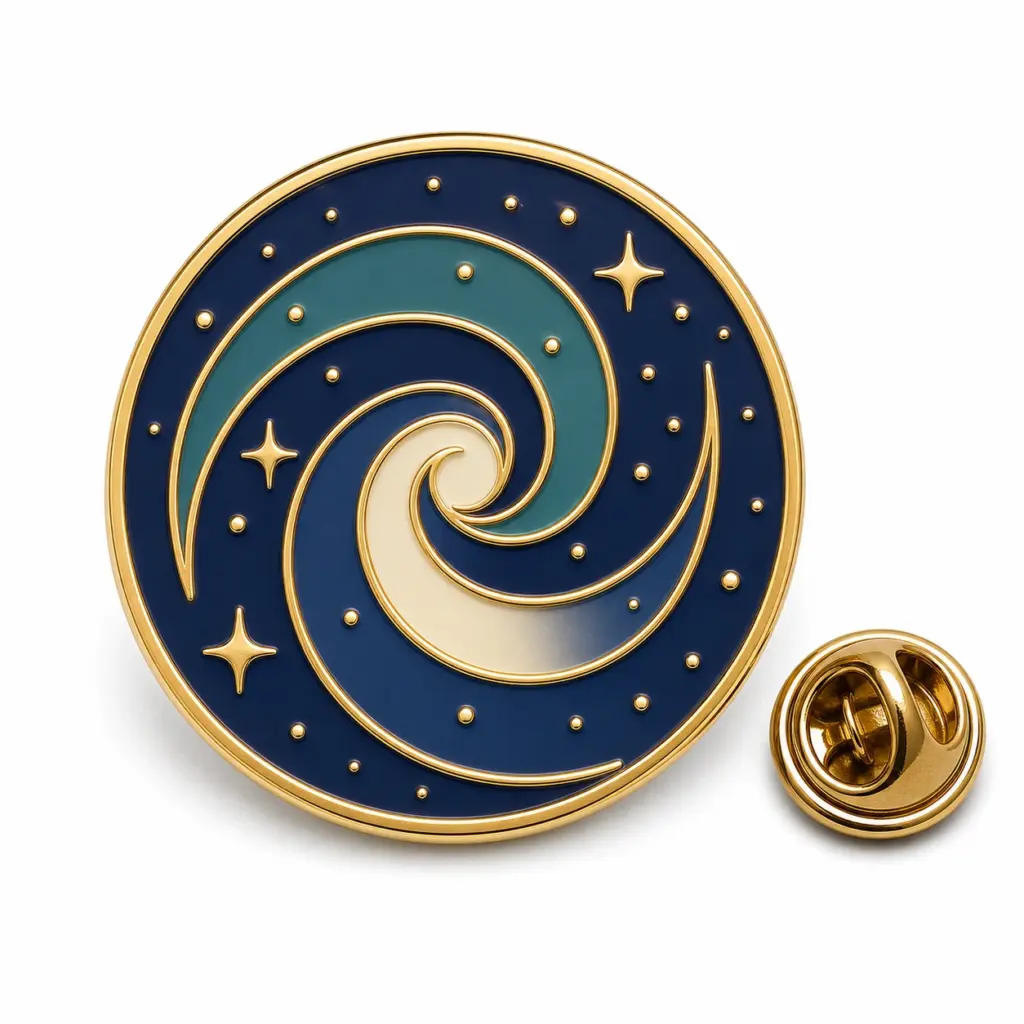 Badge rond en émail en forme de spirale galactique avec ciel bleu marine, bras en spirale sarcelle, séparateurs dorés, nœuds étoilés et pochette papillon.