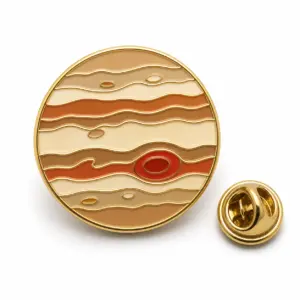 Round Jupiter storm enamel badge with striped planet bands, red storm oval, gold dividers, and butterfly clutch.