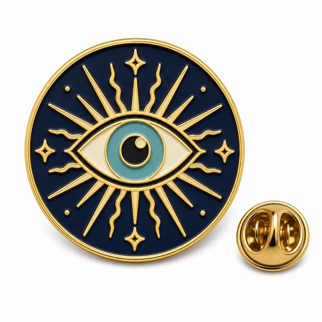 Insignia redonda esmaltada con diseño «ojo místico», con iris verde azulado, rayos de sol azul marino, divisiones doradas, celdas brillantes y cierre de mariposa.