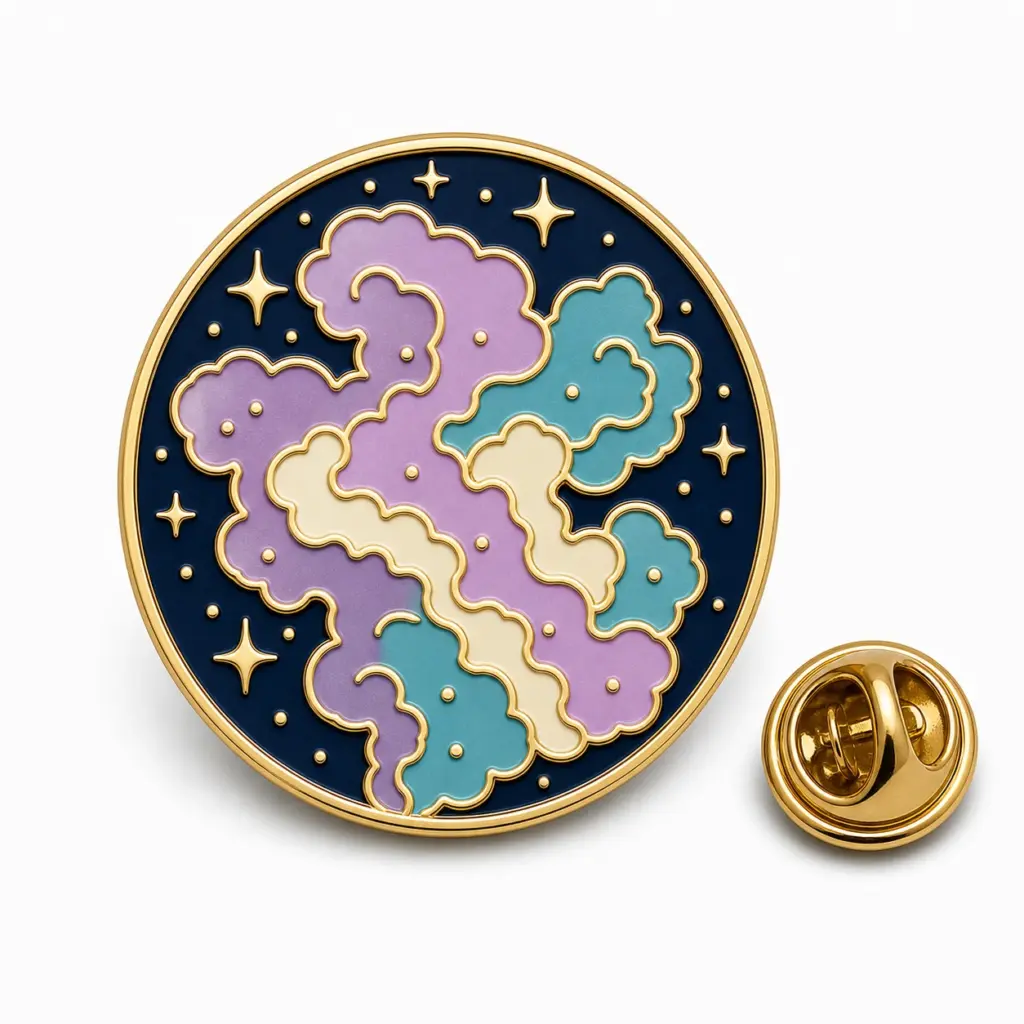 Insignia redonda esmaltada con forma de nebulosa, con nubes en tonos lavanda, verde azulado y crema, separadores dorados, estrellas y un broche de mariposa.