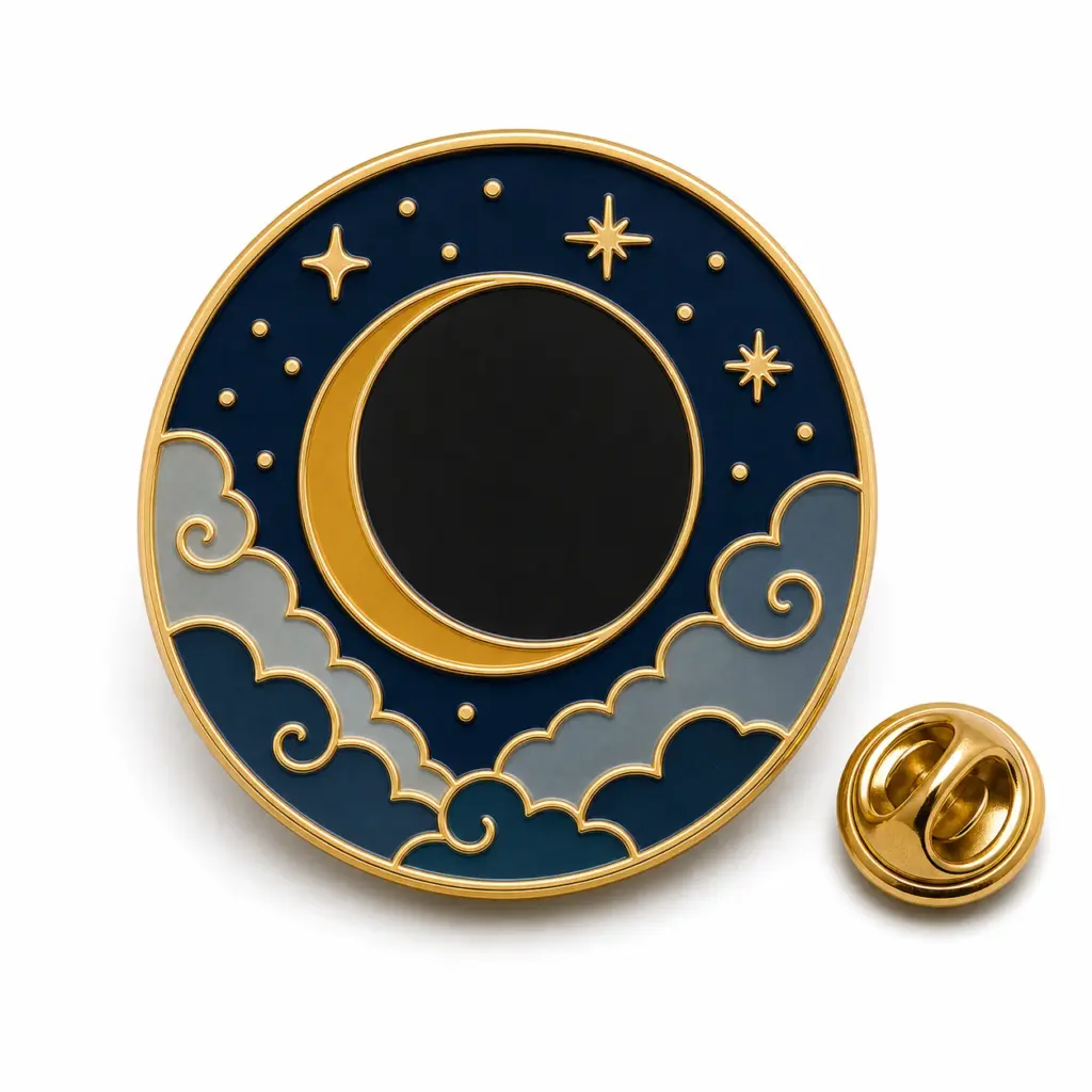 Insignia esmaltada suave con luna nueva, borde en forma de media luna, estrellas azul marino, nubes, separadores dorados y cierre de mariposa.