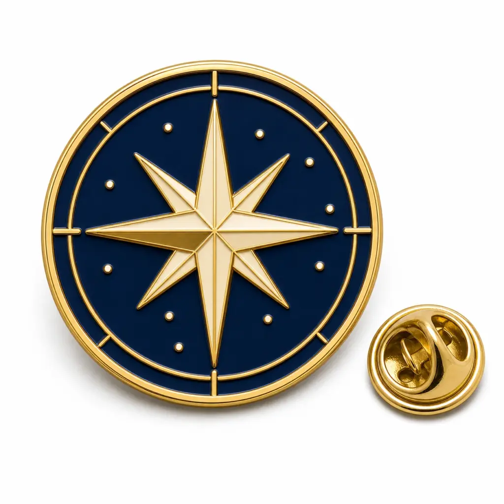 Insignia redonda esmaltada a mano con la Estrella Polar, fondo azul marino, estrella de brújula dorada, estrellas en forma de punto, divisiones en relieve y cierre de mariposa.