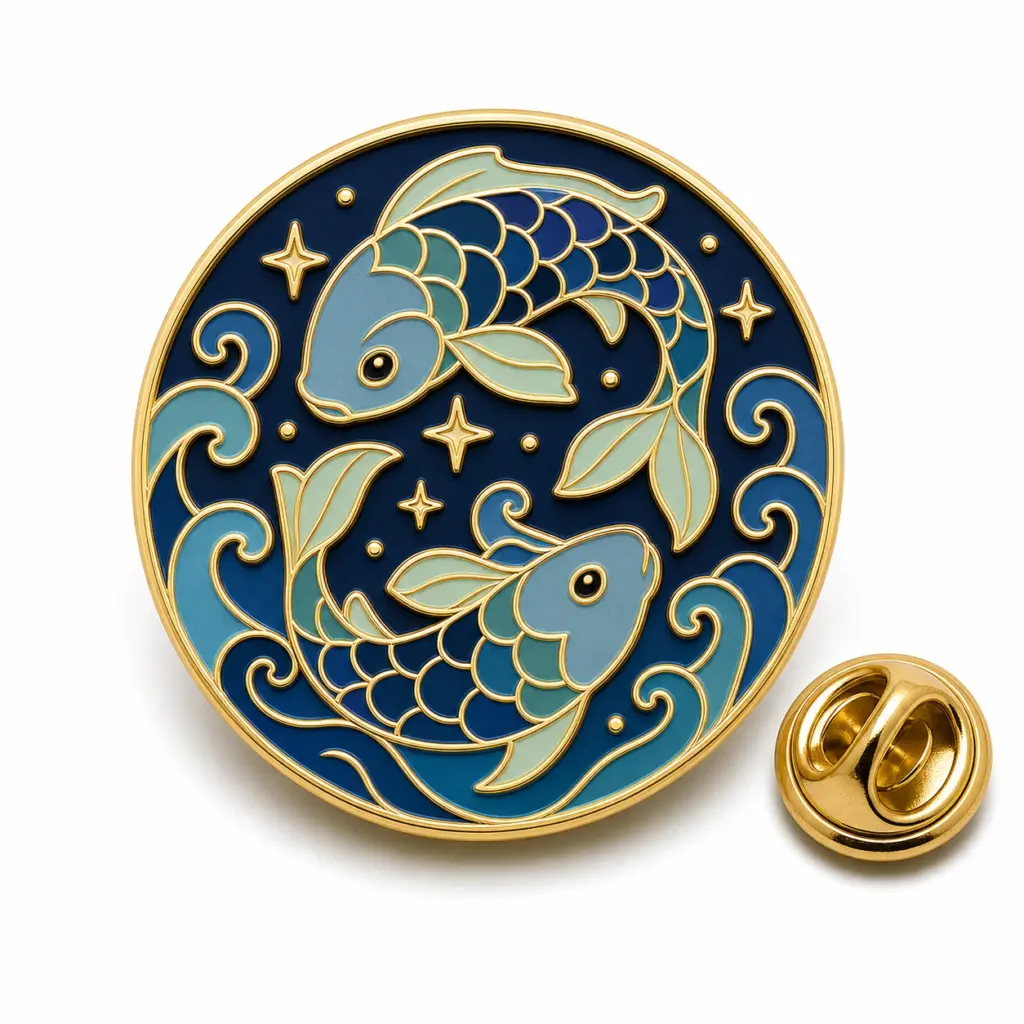 Insignia de esmalte blando del signo de Piscis con dos peces, olas azul marino, celdas en forma de estrella, separadores dorados y cierre de mariposa.