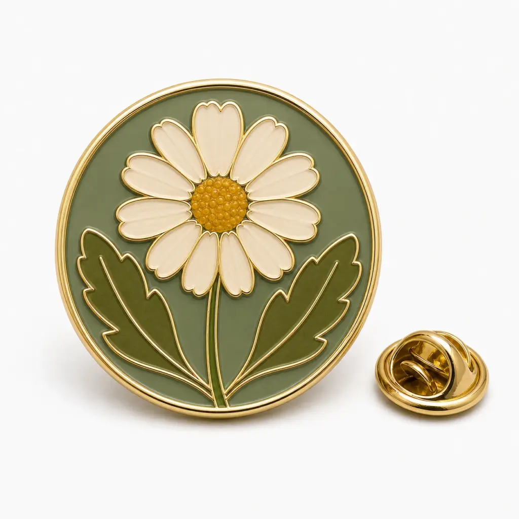 Badge rond en émail souple avec marguerite pressée, deux feuilles, séparateurs en métal doré et pochette à papillon sur fond blanc.