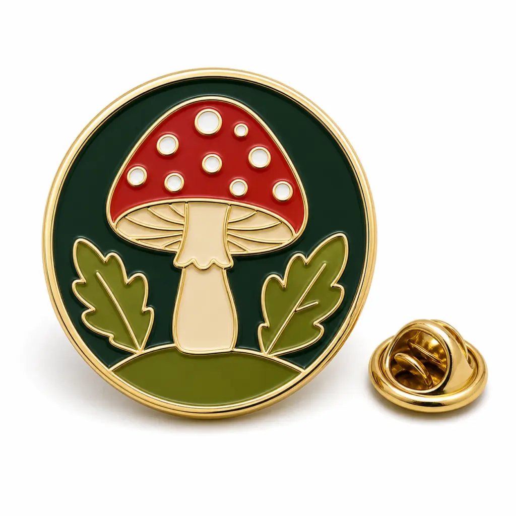 Badge rond en émail souple avec des accents de feuilles, des séparateurs en métal doré et une pochette papillon.