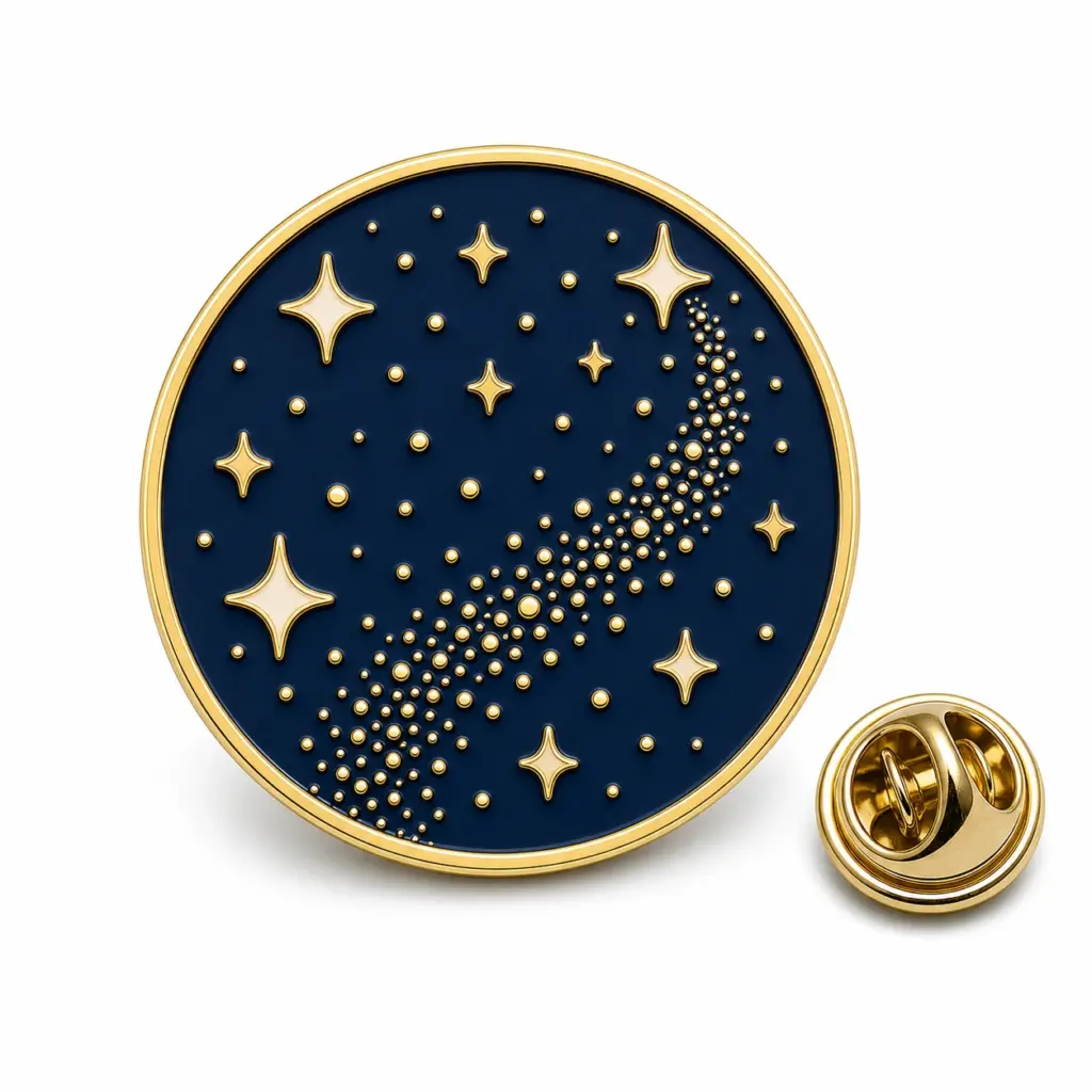 Badge rond en émail poussière d'étoiles avec ciel bleu marine, points d'étoiles dorés, cellules étincelantes, intercalaires dorés et pochette papillon.
