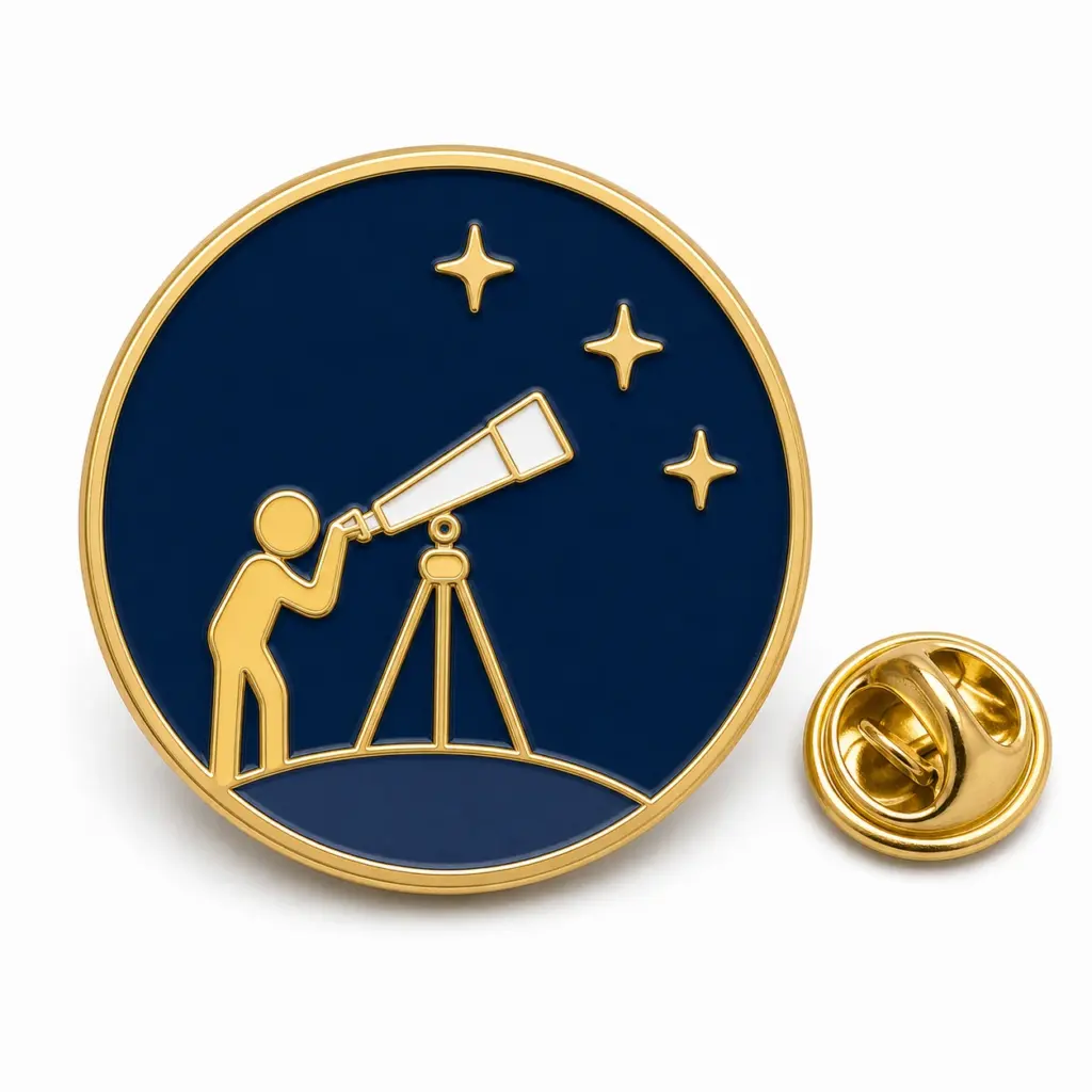 Badge rond en émail avec télescope, silhouette de spectateur, ciel bleu marine, intercalaires dorés, cellules étoilées et pochette à papillons.