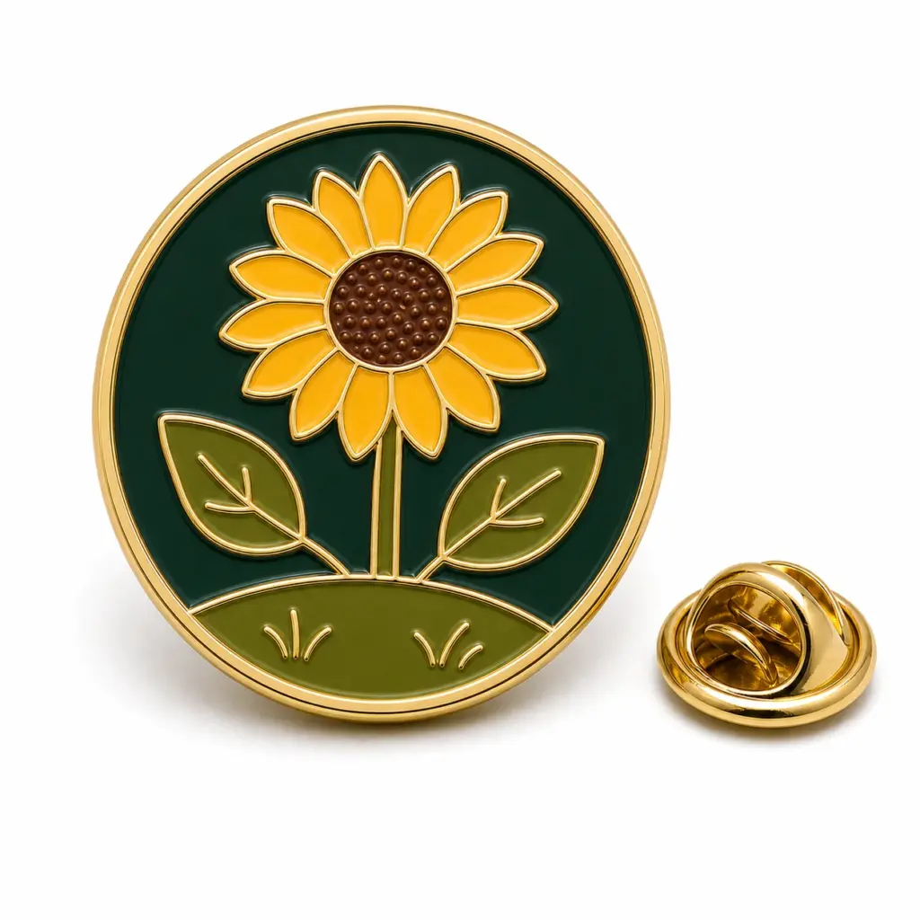 Badge rond en émail représentant un jardin de tournesols avec une base de feuilles, des séparateurs en métal doré et une pochette de papillons sur fond blanc.