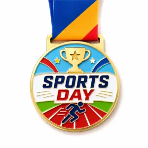 Round trophy track Sports Day Medal soft enamel medal with raised gold outlines, gold trophy, blue sky, red running track, runner icon, striped ribbon, and white background.
