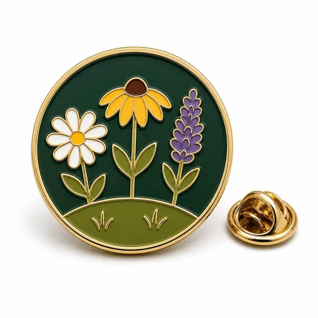 Badge rond en émail souple avec trois fleurs, séparateurs en métal doré et pochette à papillons.