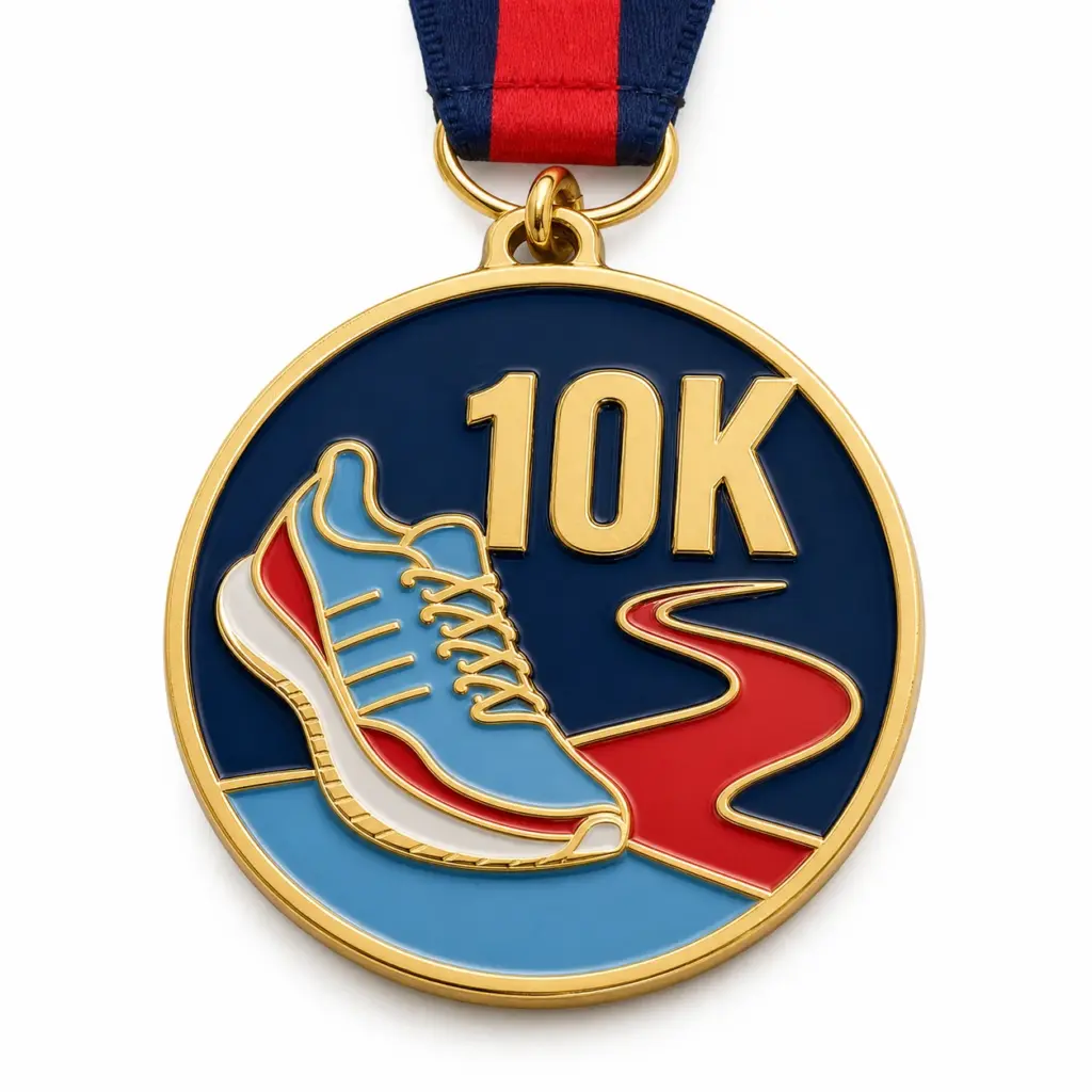 Medalla de finalista de la carrera de 10 km: medalla de esmalte blando con separadores metálicos en relieve, rellenos de esmalte brillante, cinta incorporada y fondo blanco de estudio.