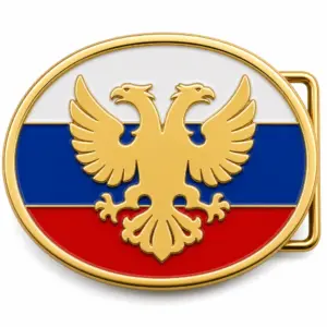 Russia soft enamel belt buckle with gold metal frame, right side belt loop hardware, white blue and red flag background with raised double-headed eagle emblem on white background.