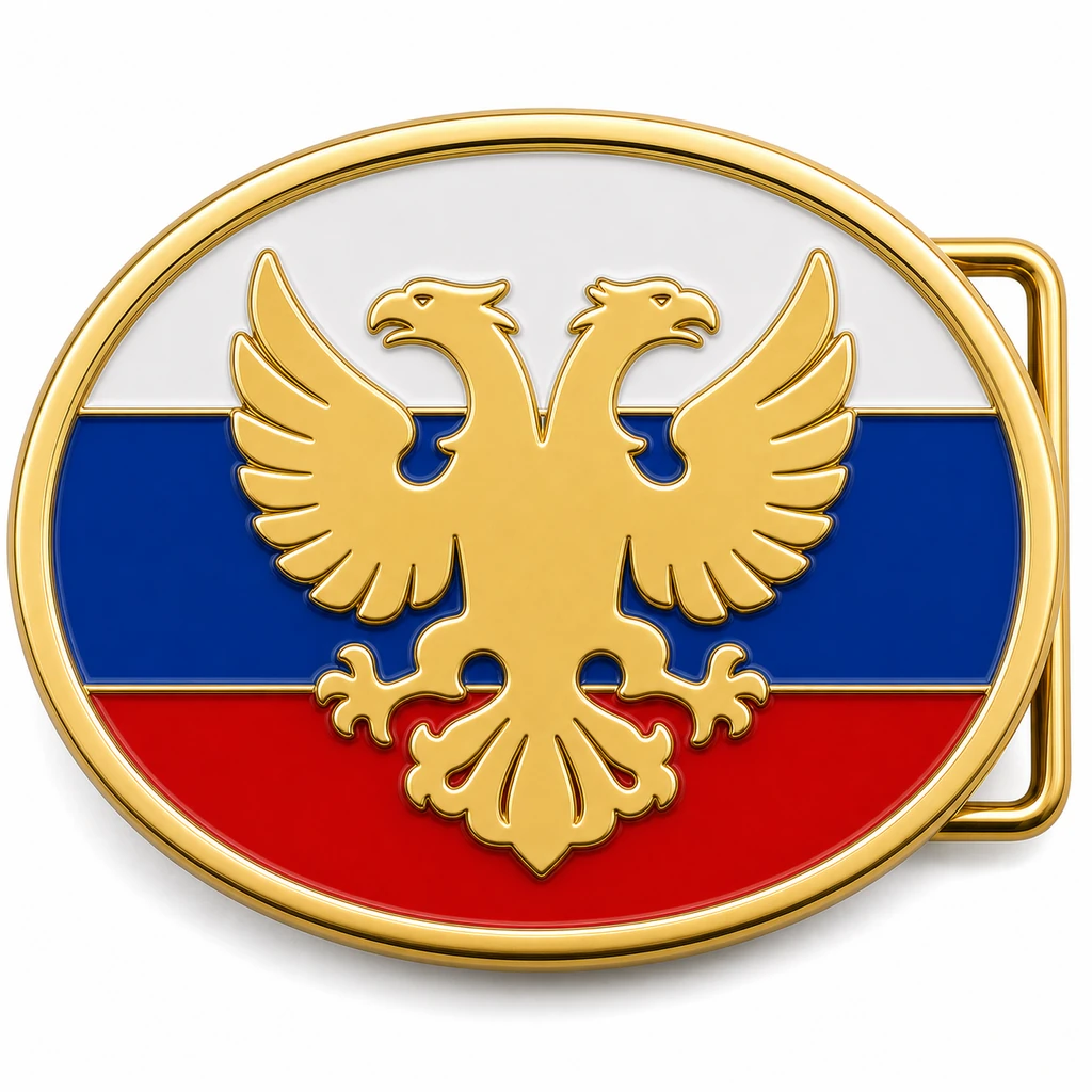 Boucle de ceinture en émail doux de Russie avec cadre en métal doré, passant de ceinture du côté droit, fond de drapeau blanc, bleu et rouge avec emblème d'aigle bicéphale en relief sur fond blanc.