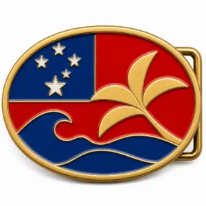 Samoa soft enamel belt buckle with brass metal frame, right side belt loop hardware, red and blue flag design with raised ocean palm design on white background.