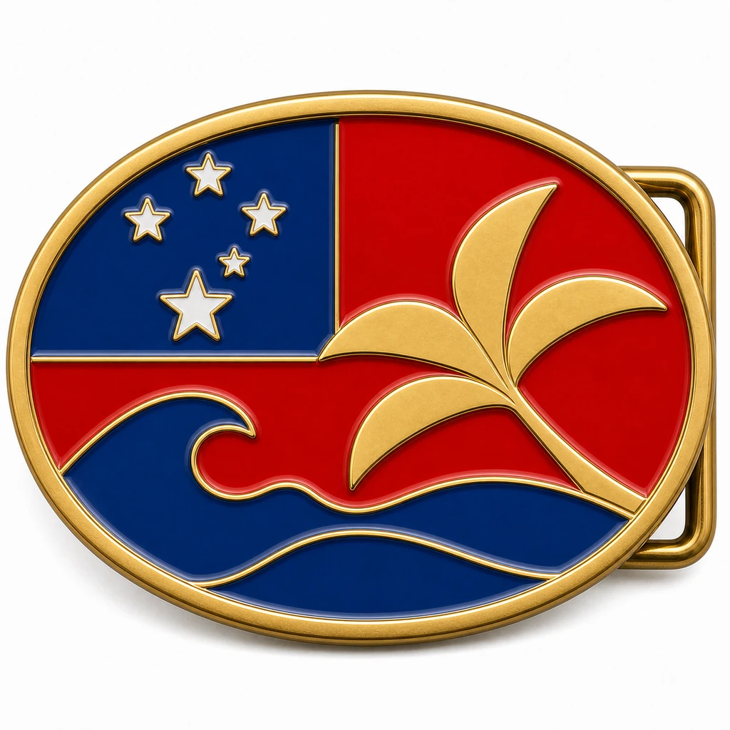 Boucle de ceinture en émail souple des Samoa avec monture en métal laitonné, passant de ceinture du côté droit, drapeau rouge et bleu avec palmier en relief sur fond blanc.