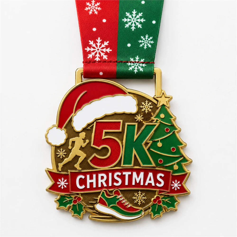 Custom Christmas 5K medal with Santa hat runner, Christmas tree, and running shoe