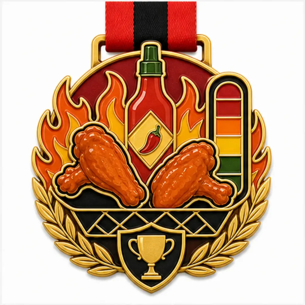 Medalla del desafío gastronómico «Salsa, llama, canasta, alitas», con esmalte blando, separadores metálicos en relieve, rellenos de esmalte brillante, cinta incorporada y fondo blanco de estudio.