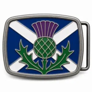 Scotland soft enamel belt buckle with antique silver frame, right side belt loop hardware, Saltire flag design with raised thistle design on white background.