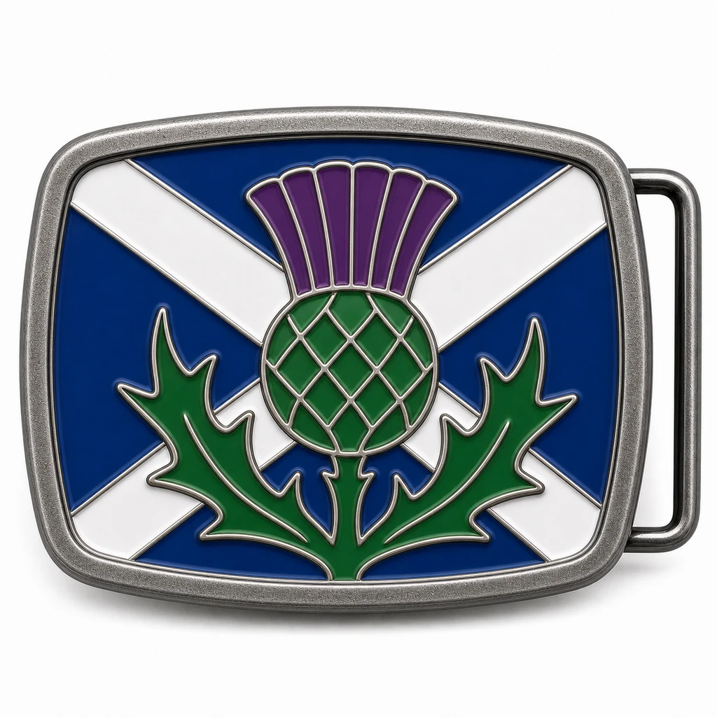 Boucle de ceinture en émail doux pour l'Écosse avec cadre en argent antique, passant de ceinture du côté droit, drapeau Saltire avec motif de chardon en relief sur fond blanc.