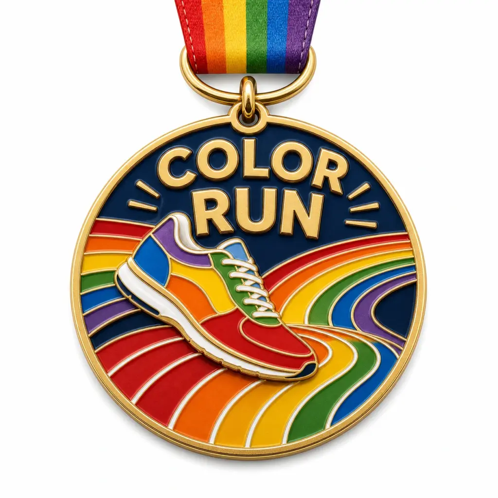 Zapatilla arcoíris esculpida: medalla de la Color Run con esmalte blando, separadores metálicos dorados en relieve, franjas planas esmaltadas en colores del arcoíris, argolla para colgar integrada y cinta multicolor sobre fondo blanco.