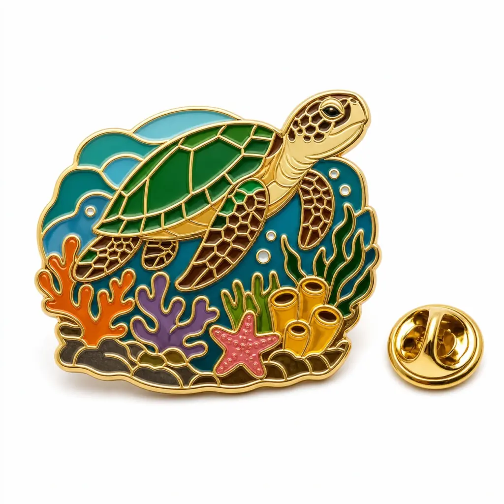 Badge en émail souple représentant un récif de tortue de mer, avec une base en corail, des cellules de vagues bleues, des séparateurs dorés et une pochette à papillon.