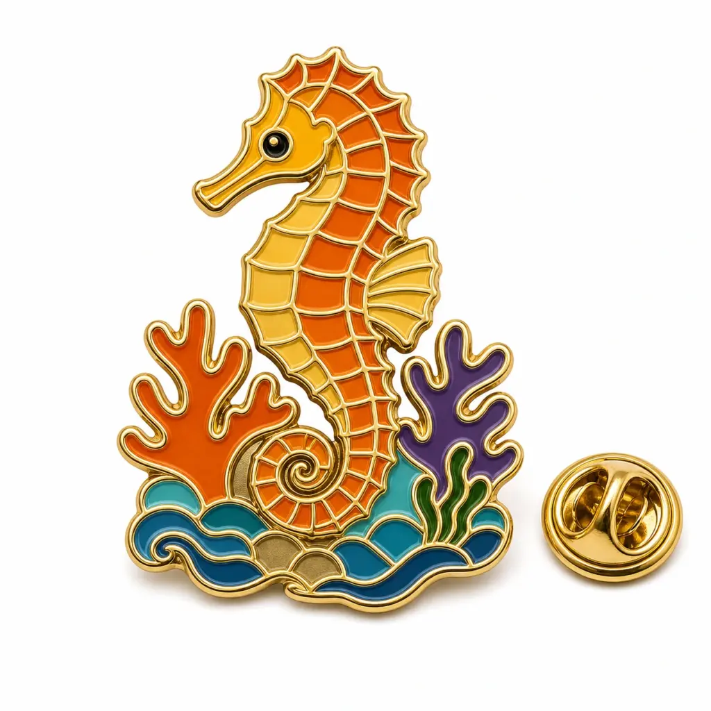 Badge en émail souple corail hippocampe avec base corail, alvéoles bleues, séparateurs dorés et pochette papillon.