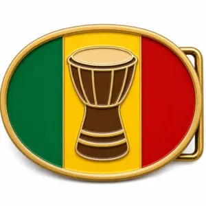 Senegal soft enamel belt buckle with brass metal frame, right side belt loop hardware, green yellow and red flag design with raised djembe drum design on white background.