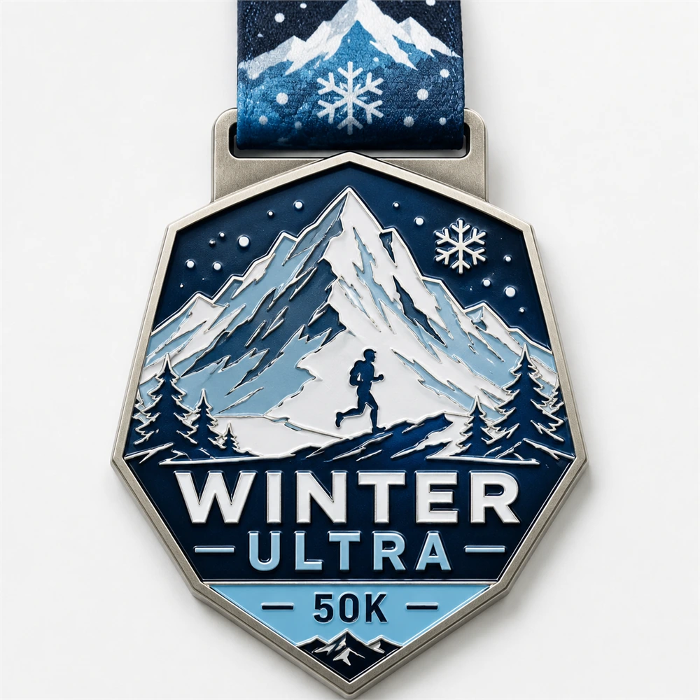 Custom winter ultra medal with shield shape, snowy mountain, runner, and 50K text