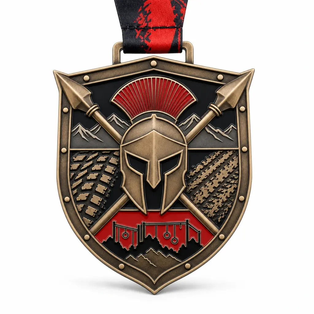 Shield spear Spartan race medal soft enamel medal with raised bronze metal dividers, red and tan enamel panels, crossed spear details, and ribbon loop on white.