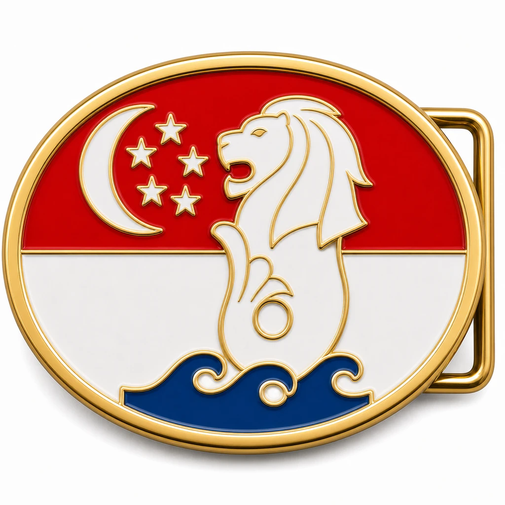 Boucle de ceinture en émail doux de Singapour avec cadre en métal doré, passant de ceinture du côté droit, fond de drapeau rouge et blanc avec emblème du Merlion en relief, queue de poisson et base de vague sur fond blanc.