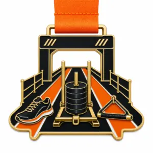 Sled track HYROX Finisher Medal soft enamel medal with polished gold metal outlines, orange ribbon, sled lane outer shape, weighted sled, running shoe, rowing handle, and white background.