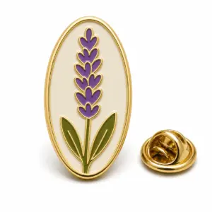 Slim lavender sprig enamel badge with purple buds, gold metal dividers, and butterfly clutch on white background.
