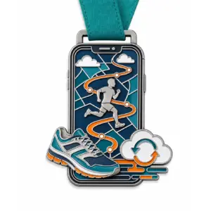 Smartphone route Virtual Run Medal soft enamel medal with polished silver metal outlines, teal neck ribbon, smartphone shape, winding route map, runner silhouette, shoe and cloud accents, and white background.